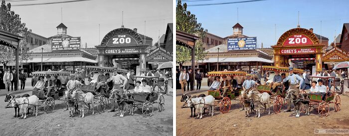 Black and white and colorized versions of a historic street scene featuring horse-drawn carriages by Sébastien De Oliveira.