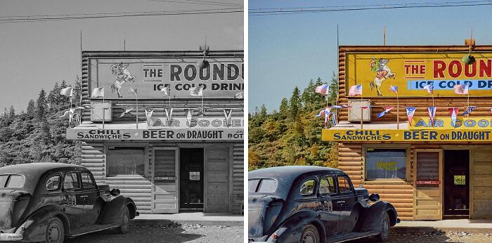Black and colorized side-by-side image of a vintage car and The Roundup bar showcasing stunning works by Sébastien De Oliveira
