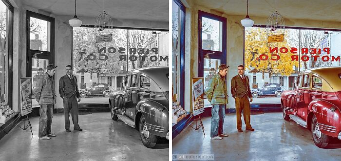 Black and white photo transformed with color showing two men and a vintage car, showcasing stunning works by Sébastien De Oliveira.