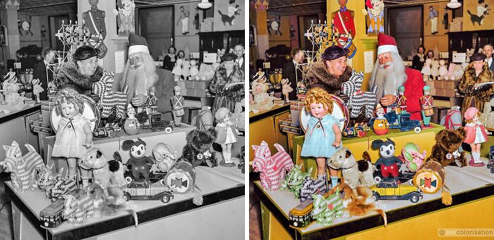 Side-by-side black and colorized vintage photo of two men with a table full of classic toys in works by Sébastien De Oliveira