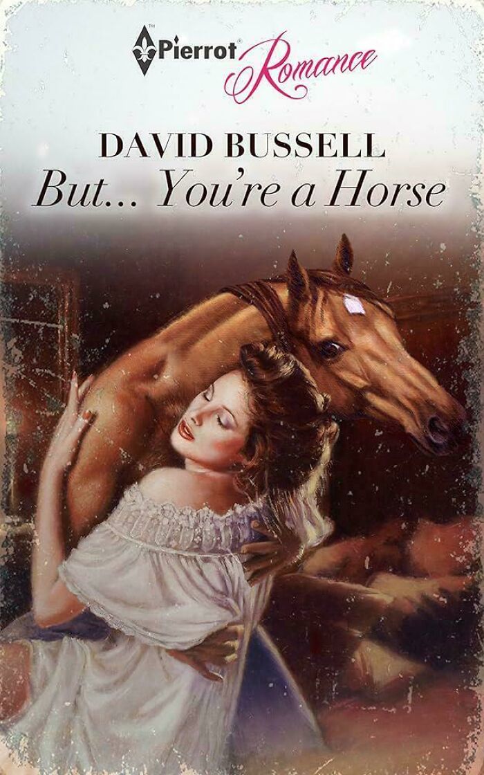 Romance book cover showing a woman embracing a horse with the title but you’re a horse on a worn background.