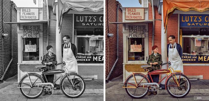 Black and white and colorized versions of a historic street scene with two men and a vintage bicycle, showcasing stunning works by Sébastien De Oliveira.