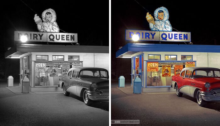 Side-by-side black and colorized photo of a vintage Dairy Queen storefront and classic car by Sébastien De Oliveira.