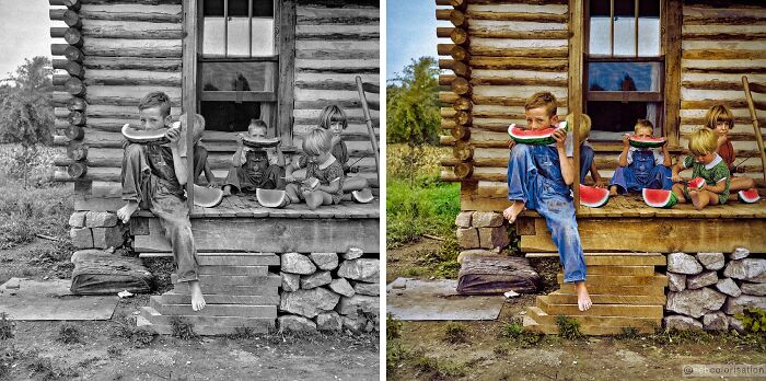 Black and white photo of children eating watermelon colorized by Sébastien De Oliveira, turning history into living color.