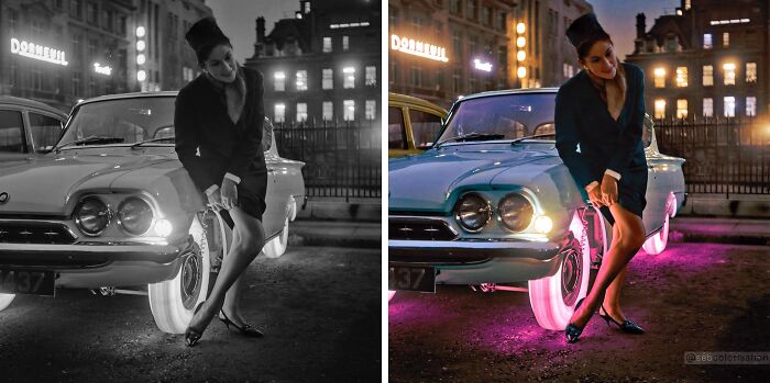 Vintage scene with a woman by a classic car illuminated by colorful lights, showcasing stunning works by Sébastien De Oliveira.