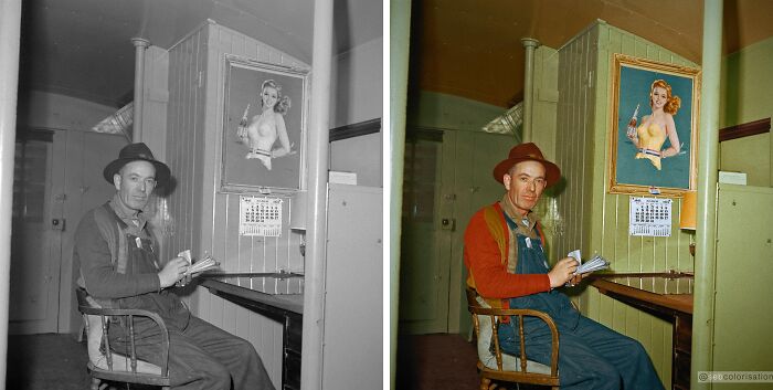 Black and white photo colorized by Sébastien De Oliveira showing a man sitting and writing at a desk in a vintage room.