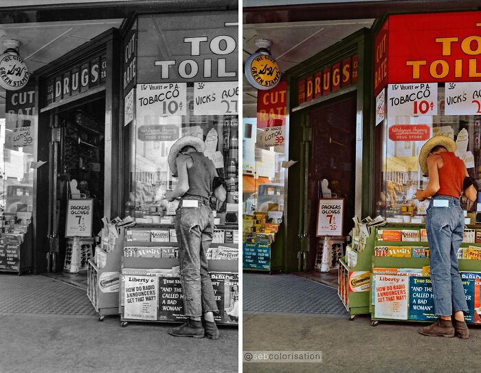 Side-by-side historic black and white and colorized photo by Sébastien De Oliveira showing a person outside a vintage drugstore.