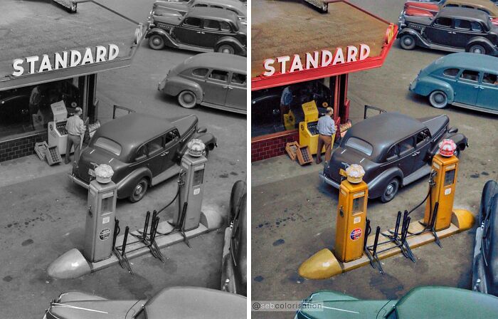 Vintage gas station scene with vintage cars, showing stunning colorized works by Sébastien De Oliveira.