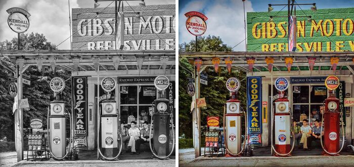 Old-fashioned gas station scene colorized in vivid detail, showcasing stunning works by Sébastien De Oliveira.