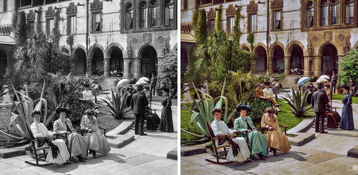 Side-by-side comparison of black and white and colorized historical courtyard scenes by Sébastien De Oliveira.