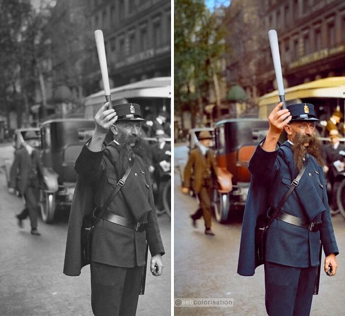 Black and white and colorized comparison of a vintage traffic officer on a city street, showcasing stunning works by Sébastien De Oliveira.