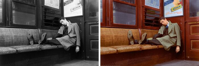 Side-by-side comparison of black-and-white and colorized historical photo showing a man on a train, showcasing stunning works by Sébastien De Oliveira.