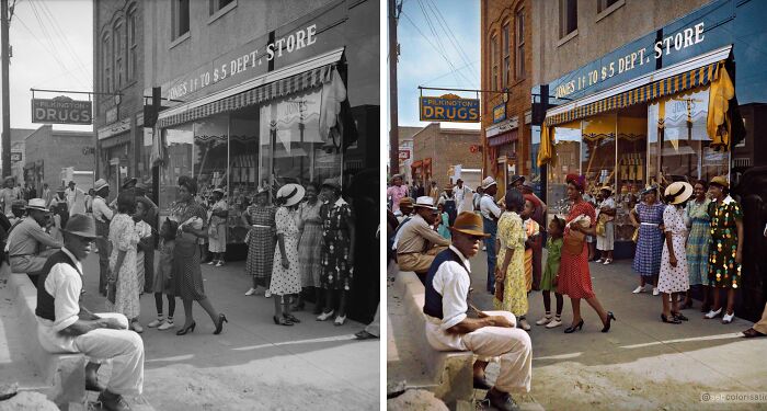 Side-by-side black and white and colorized image showing a busy street scene by Sébastien De Oliveira turning history into living color