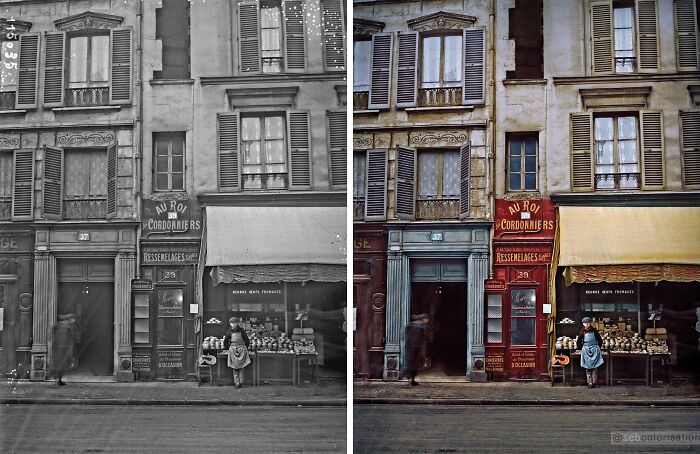 Side-by-side black and white and colorized historic street view showcasing stunning works by Sébastien De Oliveira.