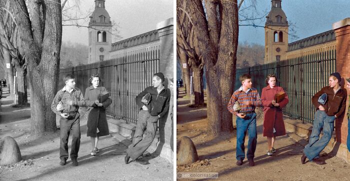 Black and white photo colorized by Sébastien De Oliveira showing three young people walking near a historic building and iron fence.