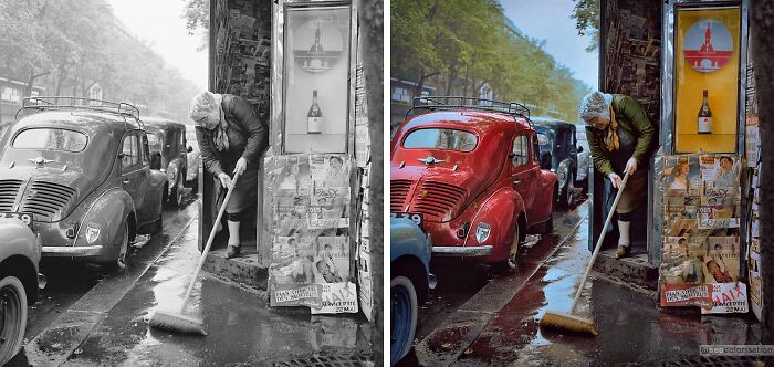 Black and white photo of a street cleaner next to vintage cars transformed with stunning color artworks by Sébastien De Oliveira