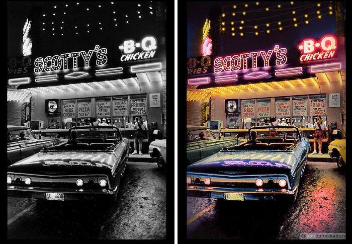 Side-by-side comparison of historic street scene, black and white on left and stunning living color by Sébastien De Oliveira on right.