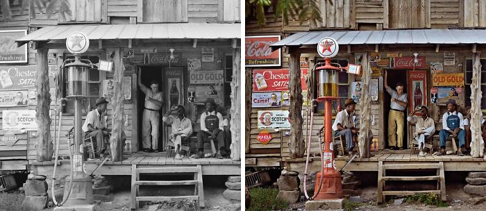 Side-by-side black and white and colorized photo of a vintage gas station showcasing Sébastien De Oliveira’s history colorization works