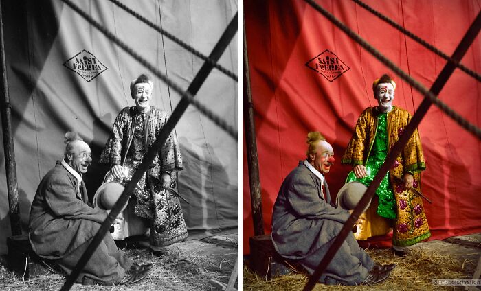 Side-by-side black and colorized photo of two clowns in vibrant costumes, showcasing stunning works by Sébastien De Oliveira.