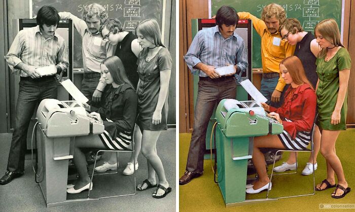 Group of people using vintage computer, showcasing stunning works by Sébastien De Oliveira in turning history into living color