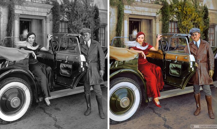Before and after colorization of a historic photo showing stunning works by Sébastien De Oliveira with vintage car and fashion.