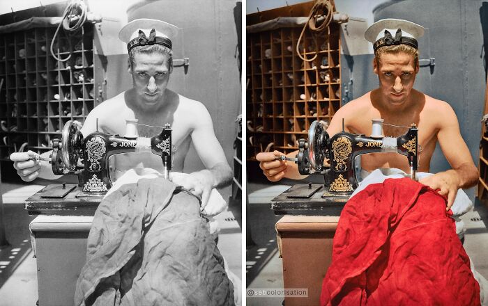 Side-by-side black and colorized photo showing historical sewing scene in stunning works by Sébastien De Oliveira