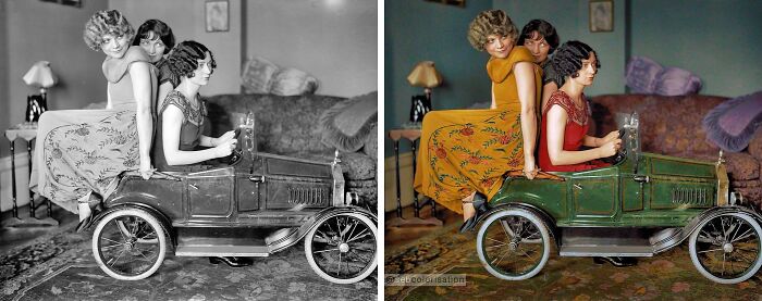 Black and white photo of three women in a small car, transformed into living color by Sébastien De Oliveira’s stunning work.