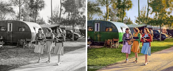 Three women in vintage dresses walking near a camper, showcasing stunning works by Sébastien De Oliveira in living color.