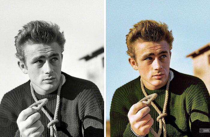 Black and white photo of a man transformed into living color, showcasing stunning works by Sébastien De Oliveira.