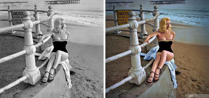 Black and white and colorized side-by-side image of a woman at the beach, showcasing stunning works by Sébastien De Oliveira.