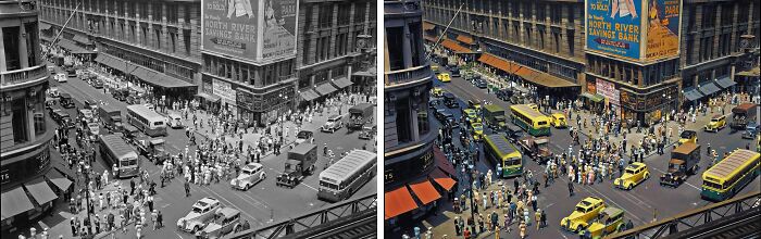 Black and colorized images showing stunning historical transformation by Sébastien De Oliveira of a busy city intersection with vintage vehicles and crowds.