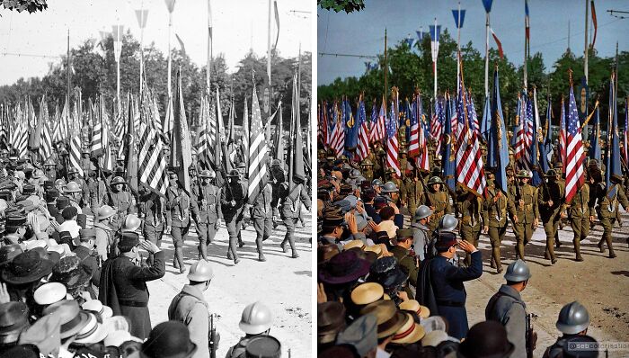 Side-by-side comparison of a historic military parade, showcasing turning history into living color by Sébastien De Oliveira