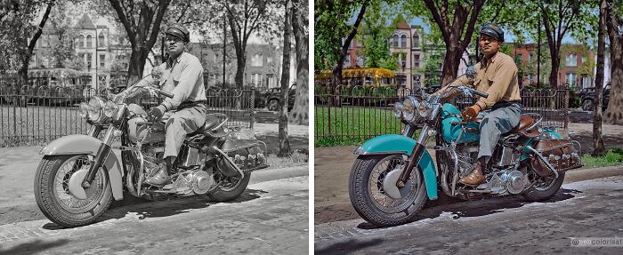 Black and colorized side-by-side image of a man on a vintage motorcycle showcasing Sébastien De Oliveira’s stunning works.