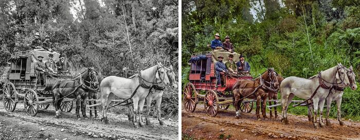 Black and white photo beside colorized version showing horses and people on a vintage wagon, turning history into living color.