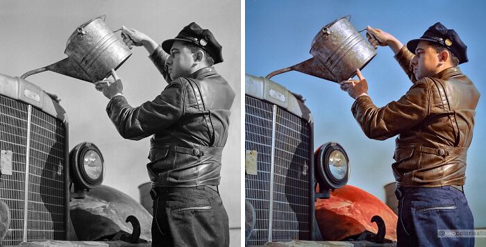 Vintage worker pouring liquid from a can onto an old vehicle, colorized historical photo showcasing stunning works by Sébastien De Oliveira.