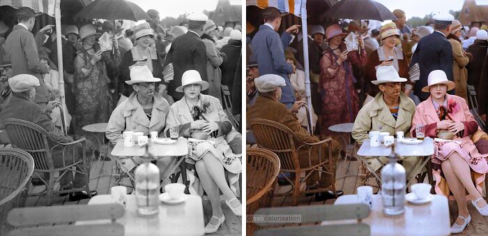 Side-by-side black and white and colorized photo showcasing stunning works by Sébastien De Oliveira of people at an outdoor cafe.