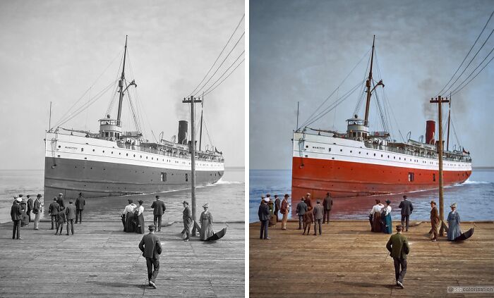 Black and white and colorized vintage ship scene showcasing stunning works by Sébastien De Oliveira in turning history into living color.