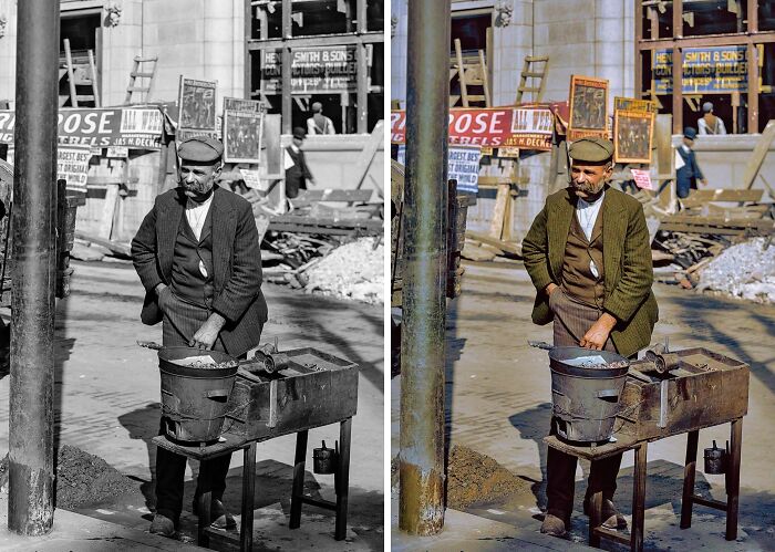 Side-by-side black and colorized images of a man working outdoors, showcasing stunning works by Sébastien De Oliveira.