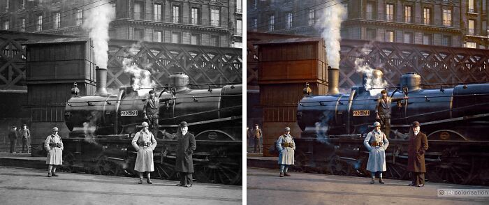 Black and colorized side-by-side images of a historic steam train and three men, showcasing stunning works by Sébastien De Oliveira.