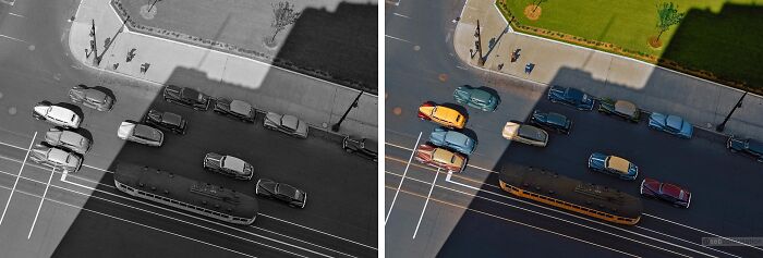 Black and colorized aerial views of vintage cars on city roads showcasing stunning works by Sébastien De Oliveira.