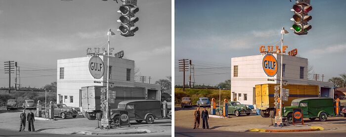 Black and white and colorized side-by-side images of a Gulf gas station, showcasing turning history into living color.