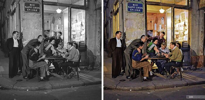 Side-by-side black and colorized photo of men playing chess outside a café, showcasing stunning works by Sébastien De Oliveira.