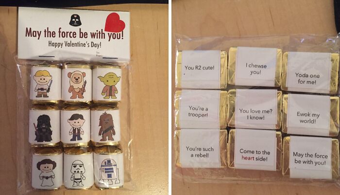 Star Wars themed Valentine's Day gifts with funny messages and chocolate, highlighting ridiculous funny Valentine’s Day gifts.
