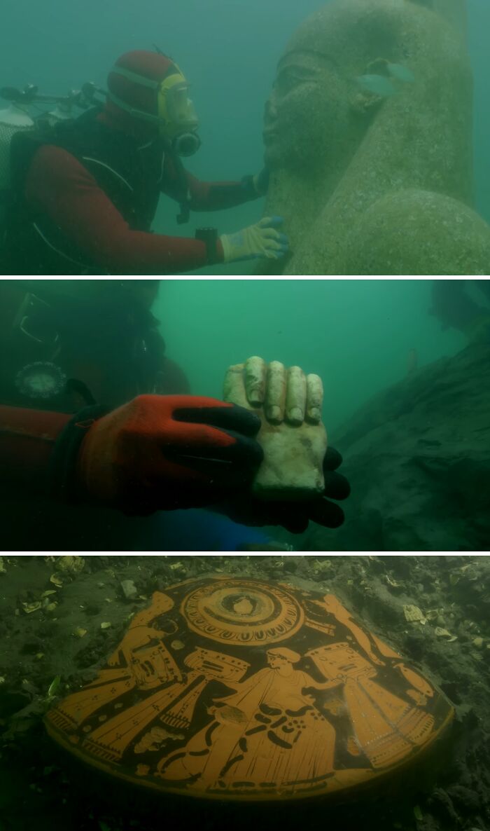 Diver exploring unexpected ocean photos of underwater ancient statues, artifacts, and pottery in murky water.