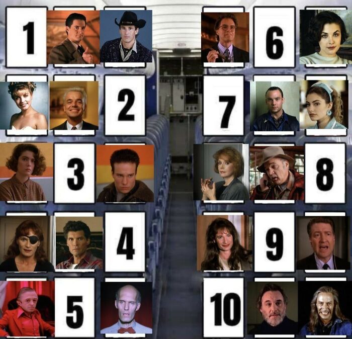 Various celebrities and characters seated on an airplane, prompting a choice between Gandalf or Tom Cruise for flight scenarios.