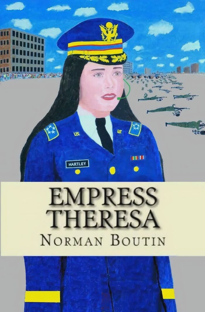 Illustration of a woman in a military uniform with airplanes and buildings in the background, a terrible book cover.