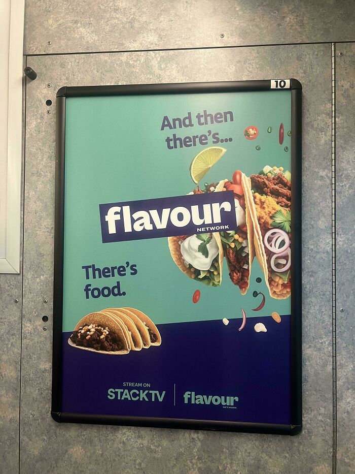 An unhinged design fail on a Flavour Network ad with the words There's food and tacos with peppers and lime.