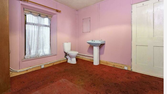 A hilariously unhinged design fail shows a pink room with a toilet and sink next to each other on a red carpet.