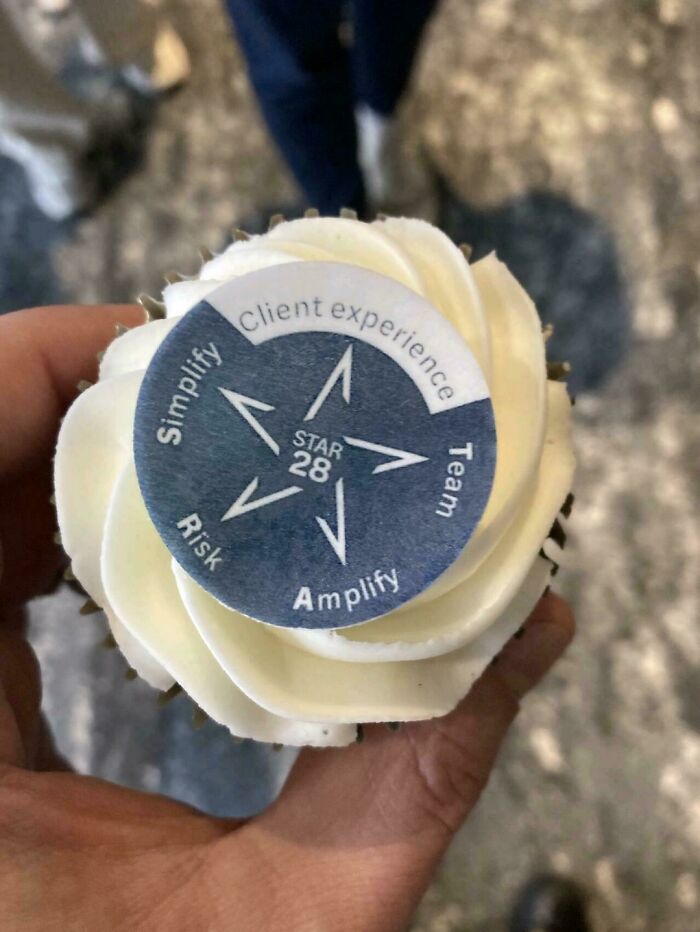 A cupcake with a circular blue and white design showing a corporate logo with an arrow pointing to the word Risk, a design fail.