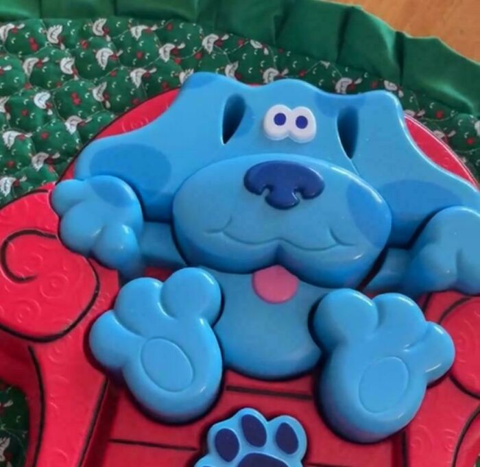 A blue dog toy, possibly from Blues Clues, showing a funny design fail with its eyes.